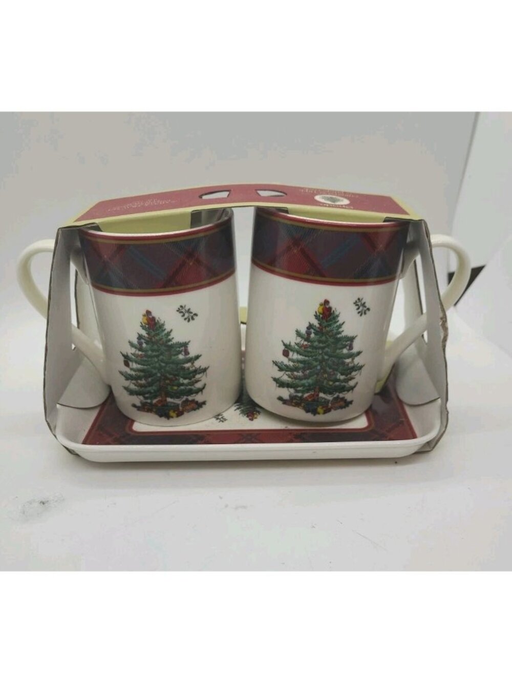 Spode Christmas Tree Tartan Porcelain Mug & Melamine Tray Set Holiday Gift Mom